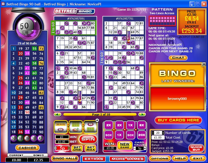 Онлайн бинго на 90 шаров (лото) от BetFred Bingo с софтом PlayTech